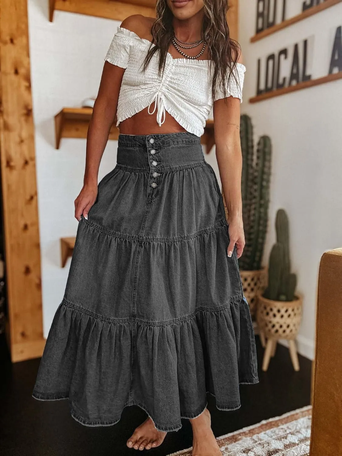 chouyatou Women's Boho Frayed Tiered Denim Skirt Pleated Ruffle A Line Swing Skirt Y2k Maxi Long Jean Skirt