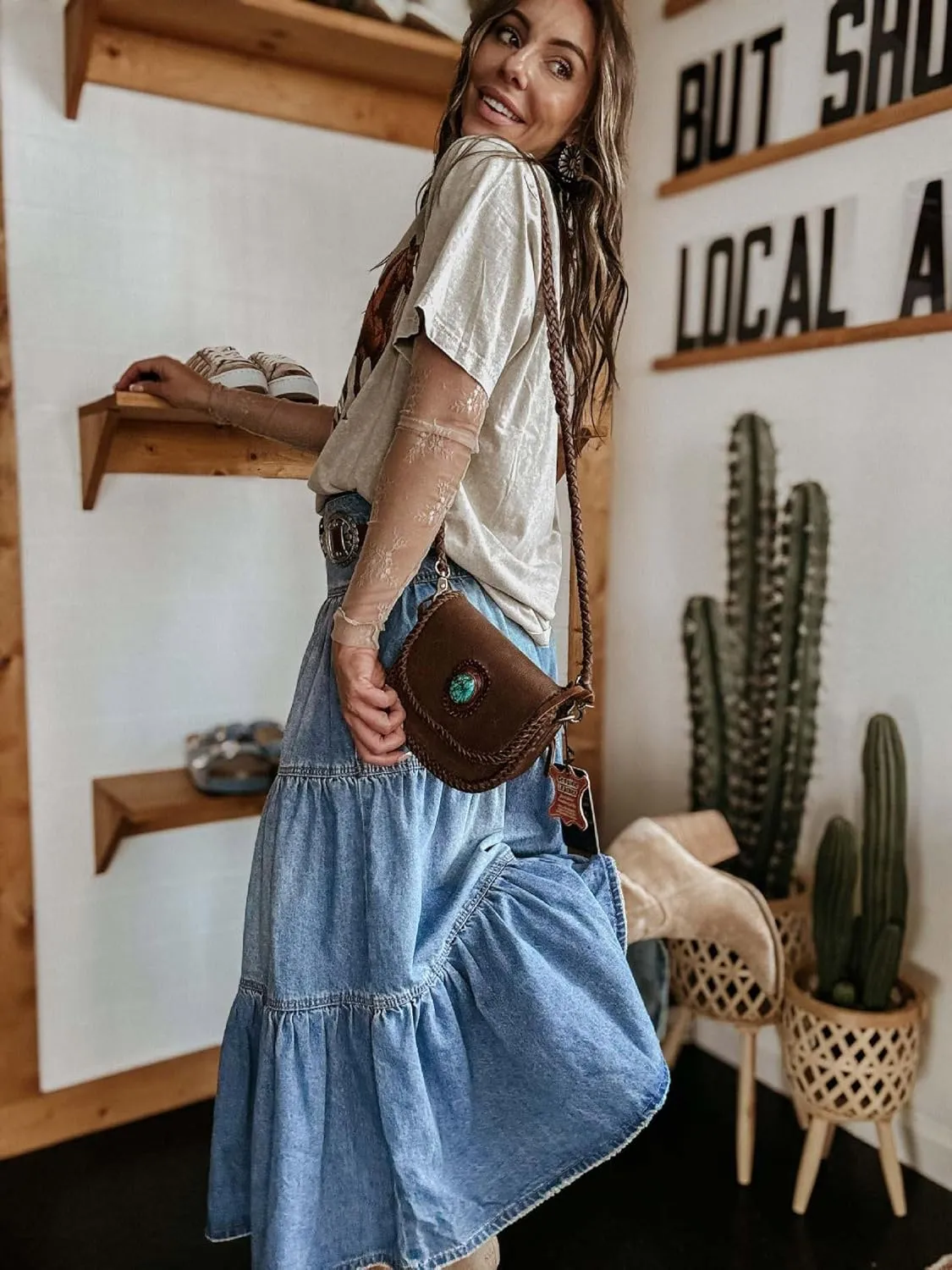 chouyatou Women's Boho Frayed Tiered Denim Skirt Pleated Ruffle A Line Swing Skirt Y2k Maxi Long Jean Skirt