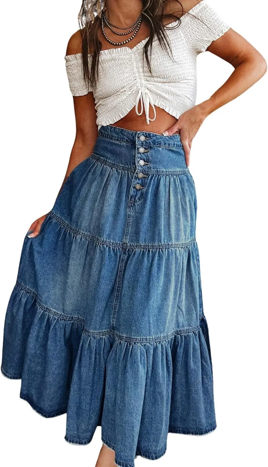 chouyatou Women's Boho Frayed Tiered Denim Skirt Pleated Ruffle A Line Swing Skirt Y2k Maxi Long Jean Skirt