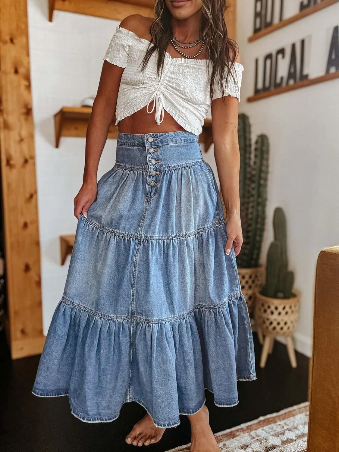 chouyatou Women's Boho Frayed Tiered Denim Skirt Pleated Ruffle A Line Swing Skirt Y2k Maxi Long Jean Skirt