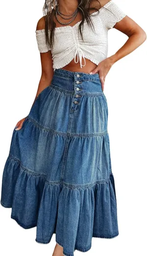 chouyatou Women's Boho Frayed Tiered Denim Skirt Pleated Ruffle A Line Swing Skirt Y2k Maxi Long Jean Skirt