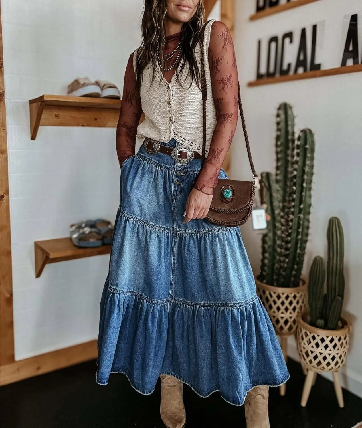 chouyatou Women's Boho Frayed Tiered Denim Skirt Pleated Ruffle A Line Swing Skirt Y2k Maxi Long Jean Skirt