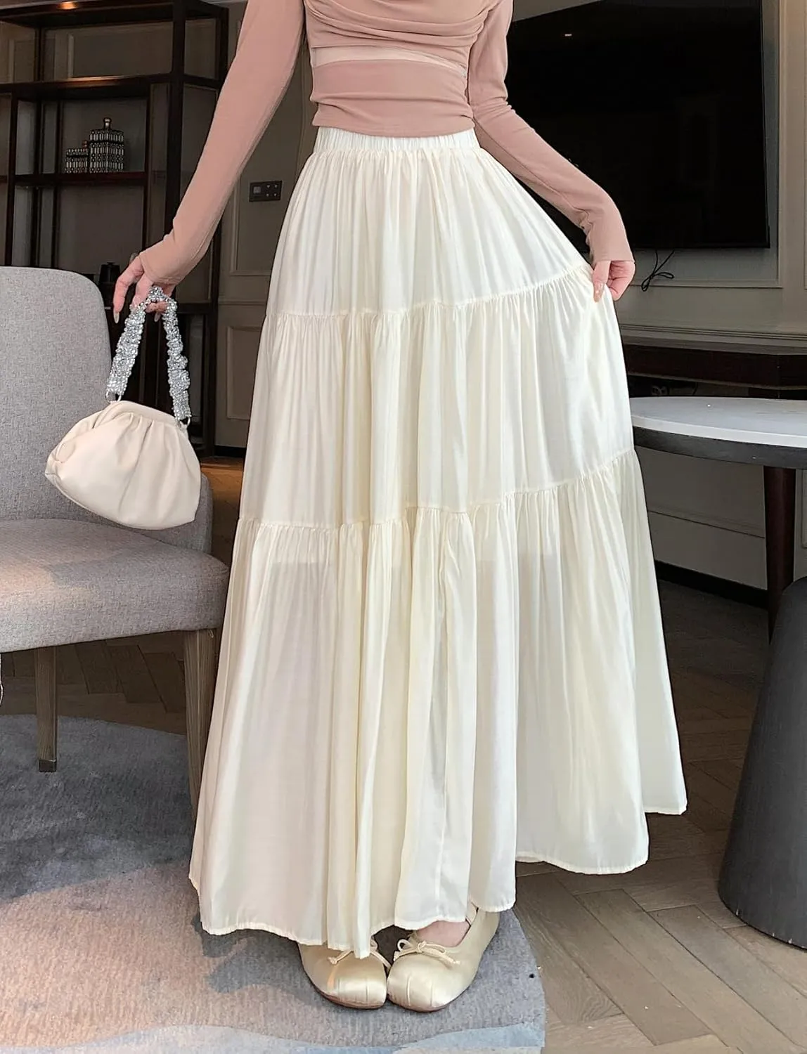 chouyatou Women's Summer A-Line Flare Tiered Maxi Skirt High Waist Flowy Swing Long Pleated Skirts