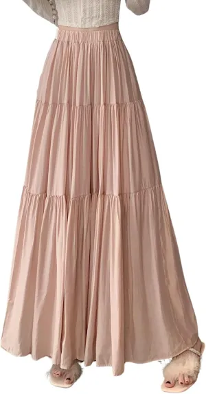 chouyatou Women's Summer A-Line Flare Tiered Maxi Skirt High Waist Flowy Swing Long Pleated Skirts