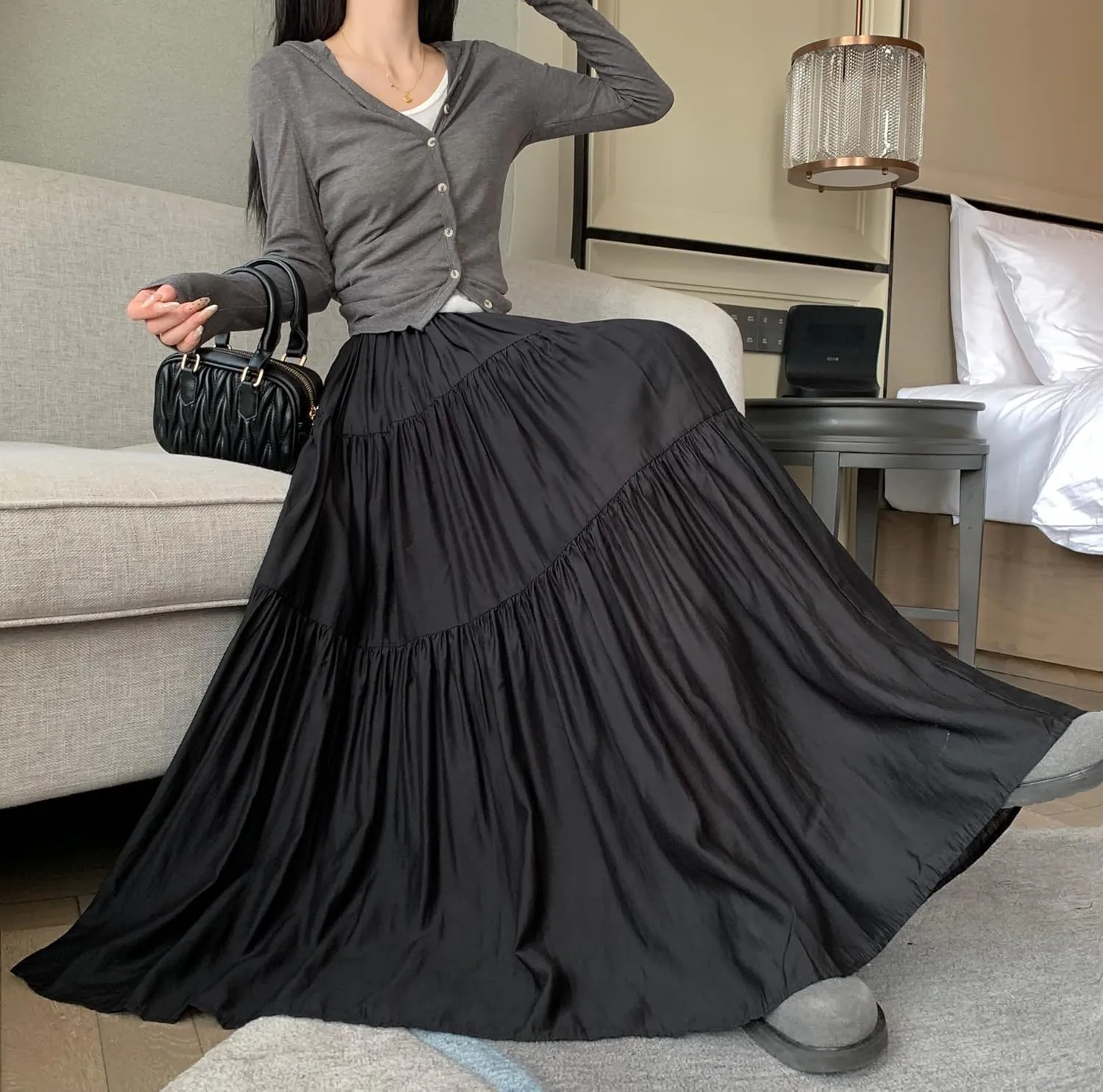 chouyatou Women's Summer A-Line Flare Tiered Maxi Skirt High Waist Flowy Swing Long Pleated Skirts