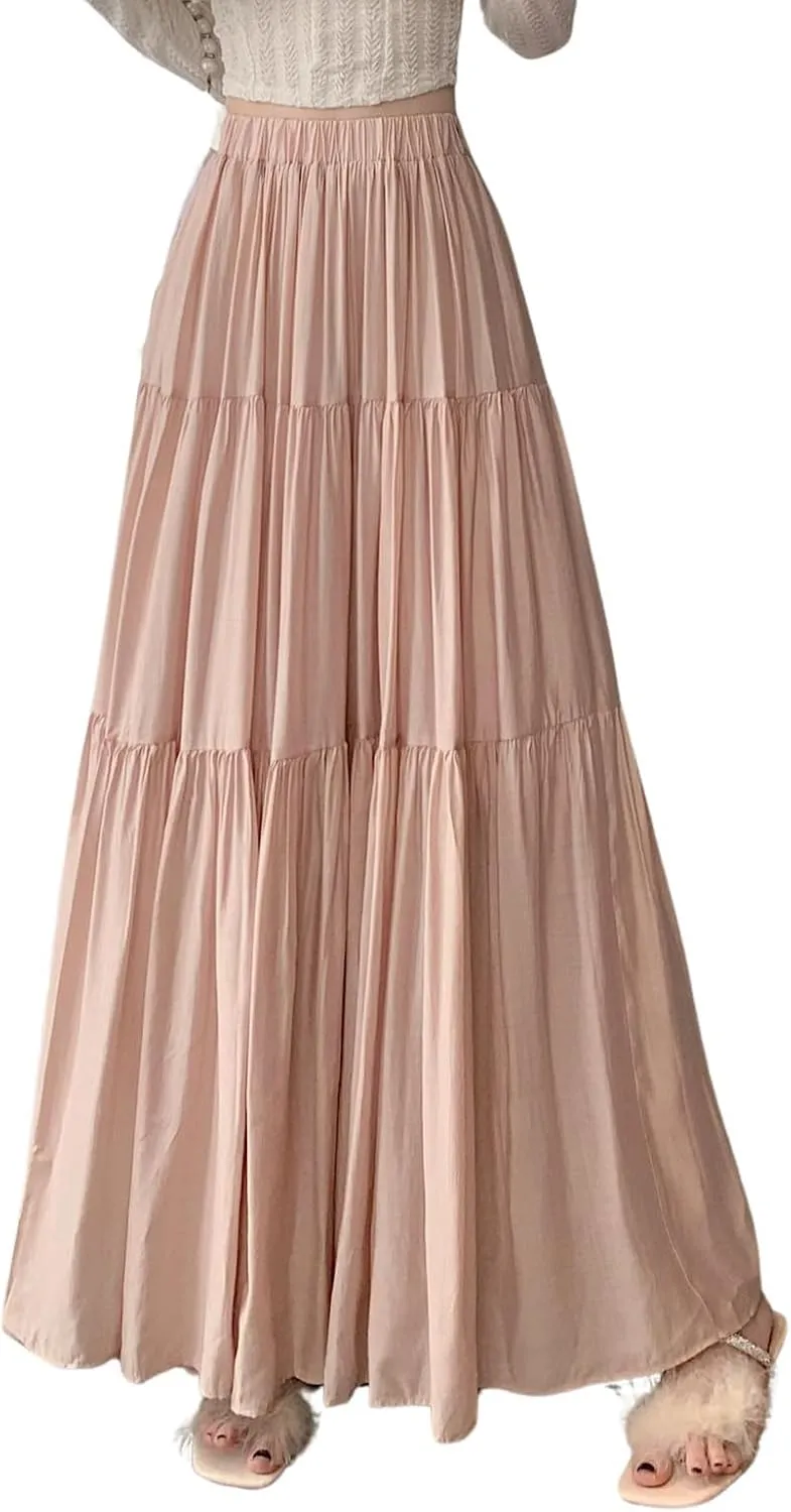 chouyatou Women's Summer A-Line Flare Tiered Maxi Skirt High Waist Flowy Swing Long Pleated Skirts
