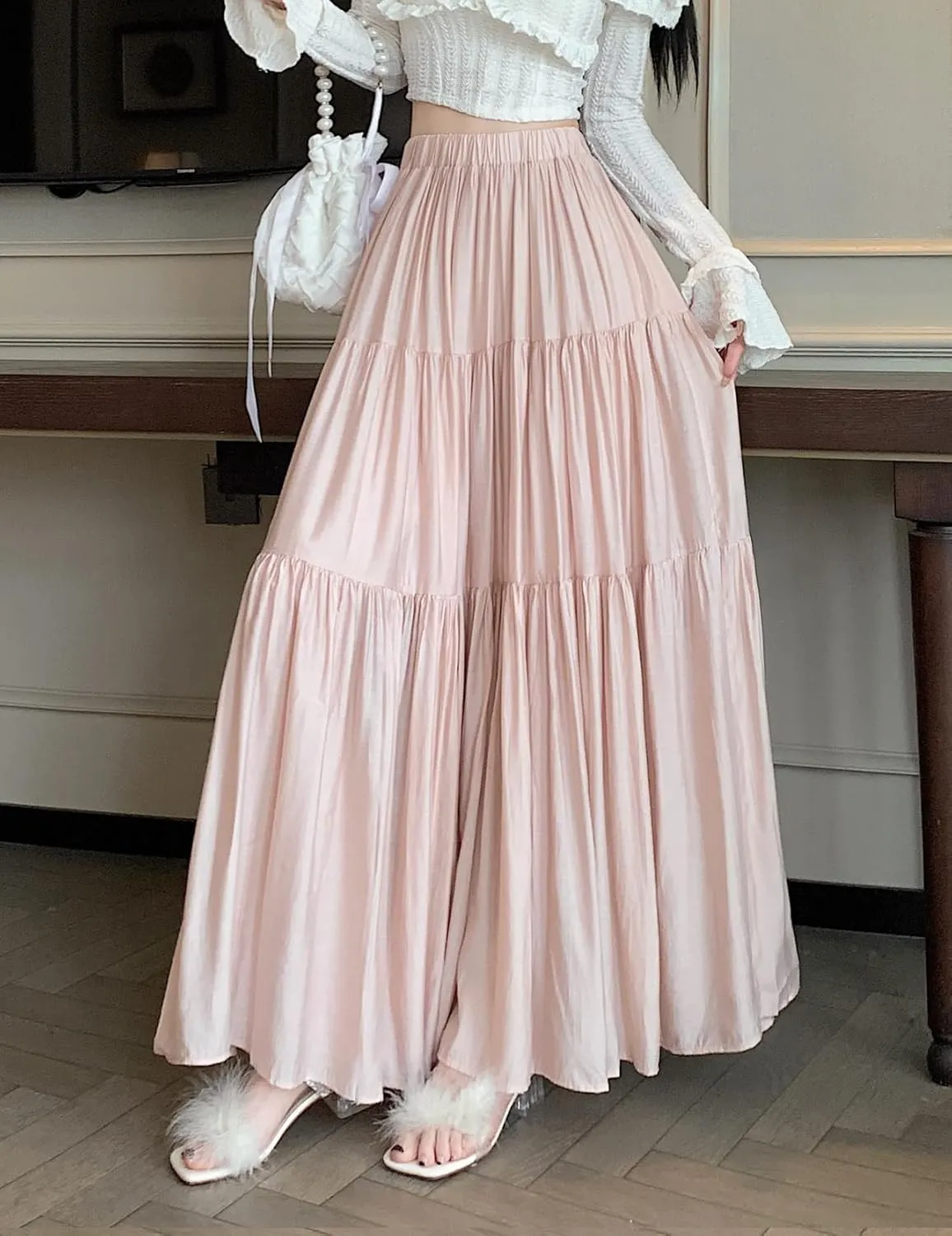 chouyatou Women's Summer A-Line Flare Tiered Maxi Skirt High Waist Flowy Swing Long Pleated Skirts