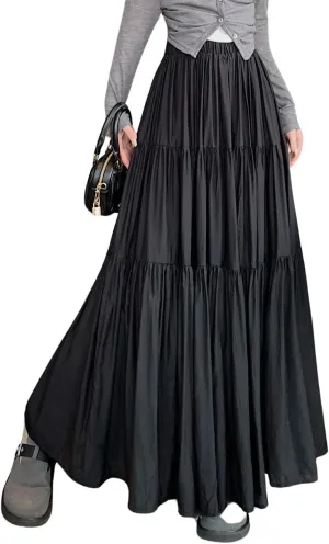 chouyatou Women's Summer A-Line Flare Tiered Maxi Skirt High Waist Flowy Swing Long Pleated Skirts
