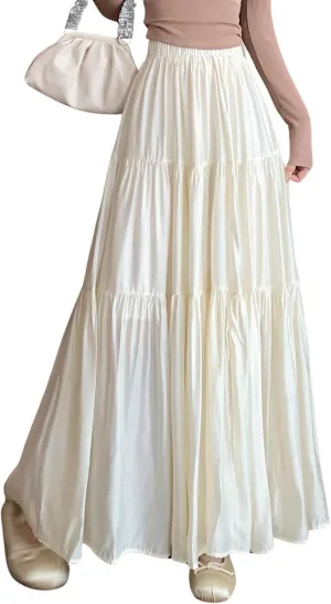chouyatou Women's Summer A-Line Flare Tiered Maxi Skirt High Waist Flowy Swing Long Pleated Skirts