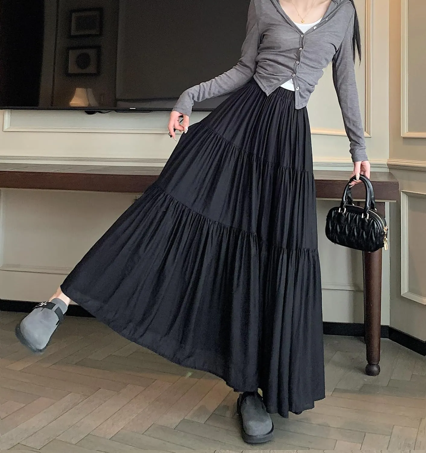 chouyatou Women's Summer A-Line Flare Tiered Maxi Skirt High Waist Flowy Swing Long Pleated Skirts