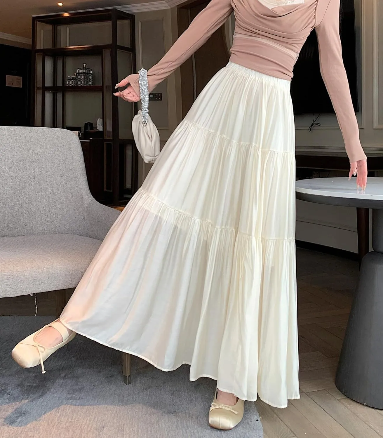 chouyatou Women's Summer A-Line Flare Tiered Maxi Skirt High Waist Flowy Swing Long Pleated Skirts