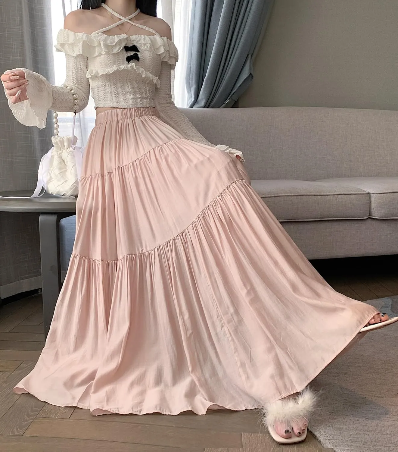 chouyatou Women's Summer A-Line Flare Tiered Maxi Skirt High Waist Flowy Swing Long Pleated Skirts