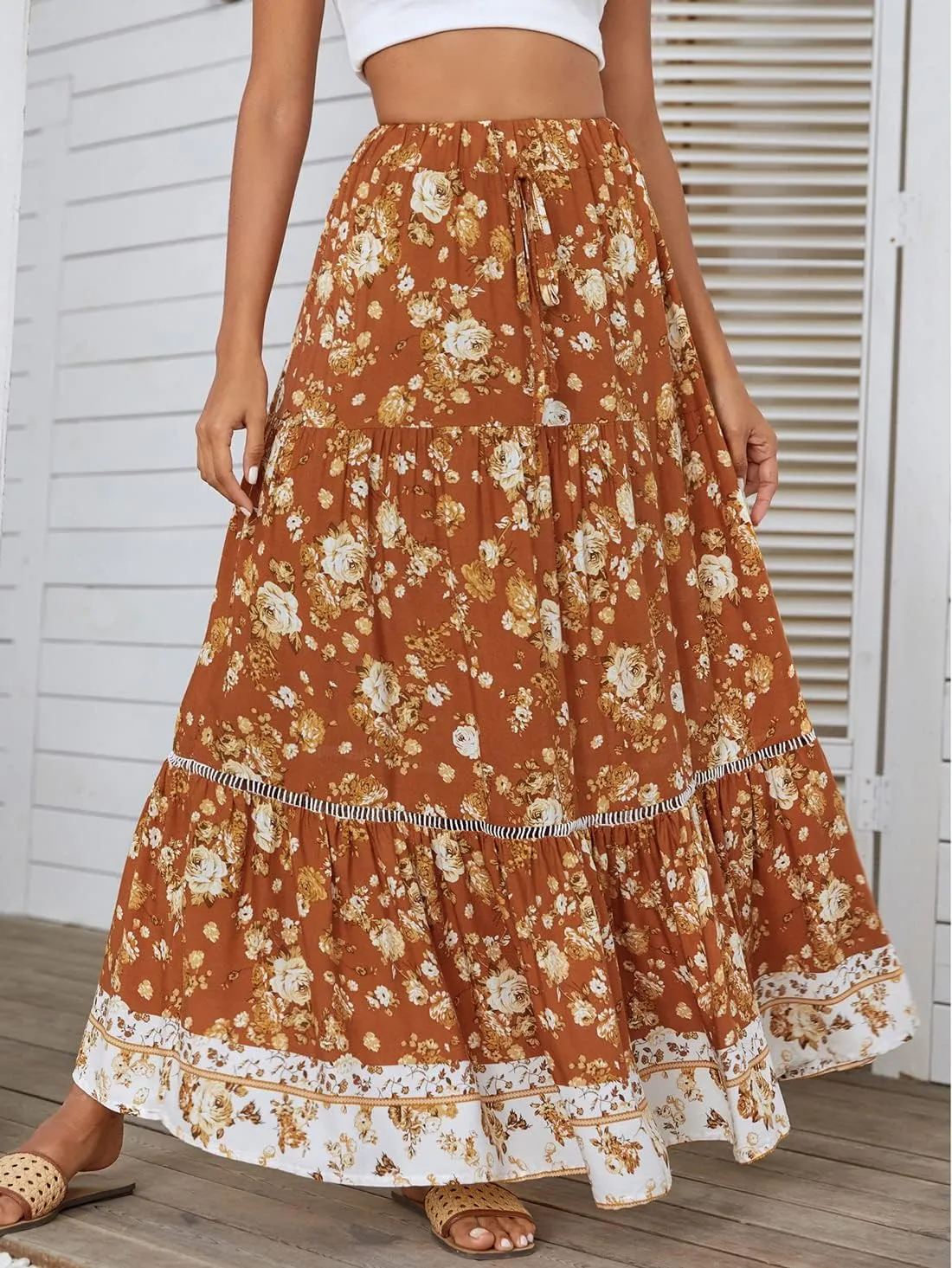 chouyatou Women's Summer Bohemian Hollow Out Splicing Floral Print Swing Beach Maxi Skirt