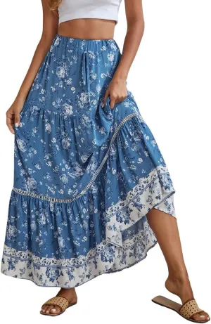 chouyatou Women's Summer Bohemian Hollow Out Splicing Floral Print Swing Beach Maxi Skirt