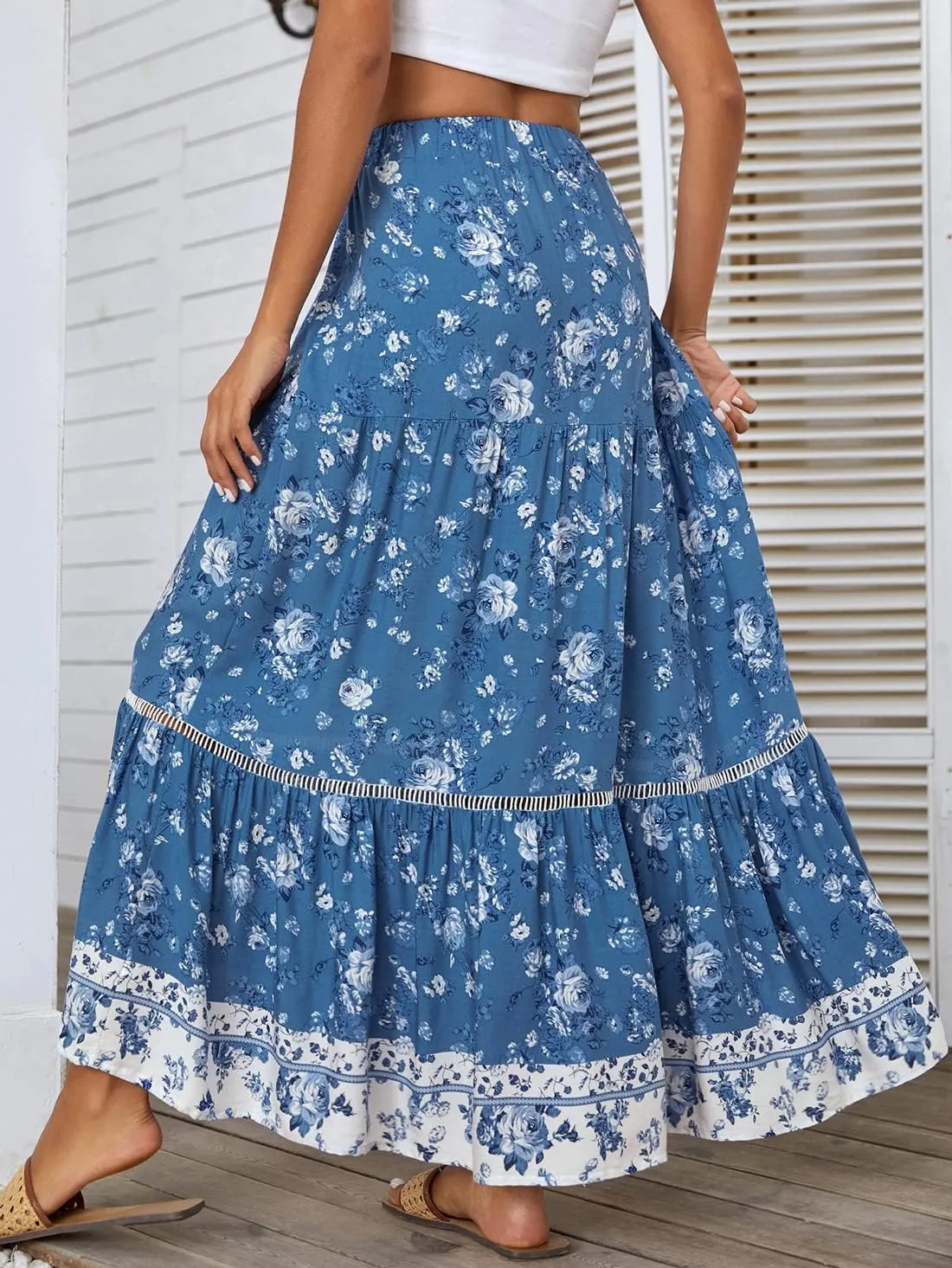 chouyatou Women's Summer Bohemian Hollow Out Splicing Floral Print Swing Beach Maxi Skirt