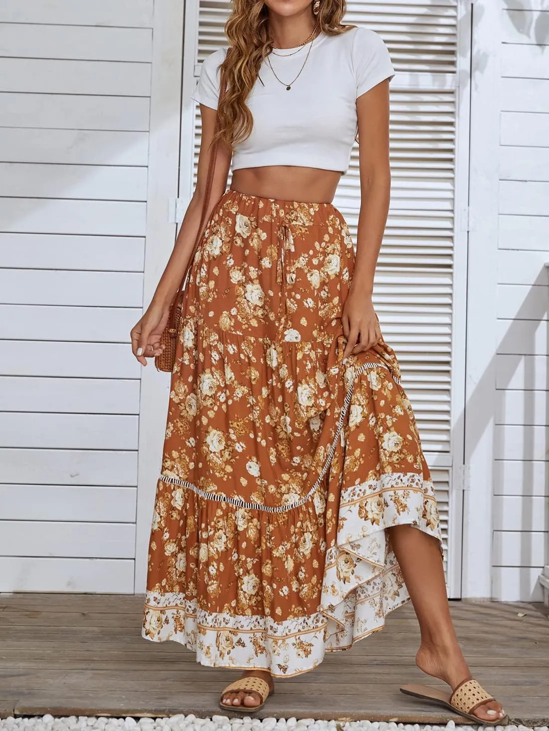 chouyatou Women's Summer Bohemian Hollow Out Splicing Floral Print Swing Beach Maxi Skirt