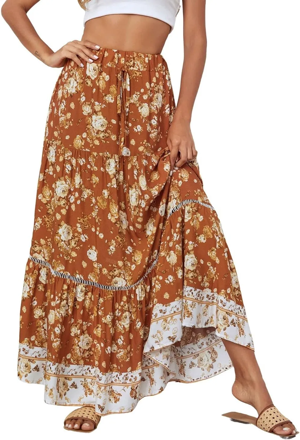 chouyatou Women's Summer Bohemian Hollow Out Splicing Floral Print Swing Beach Maxi Skirt