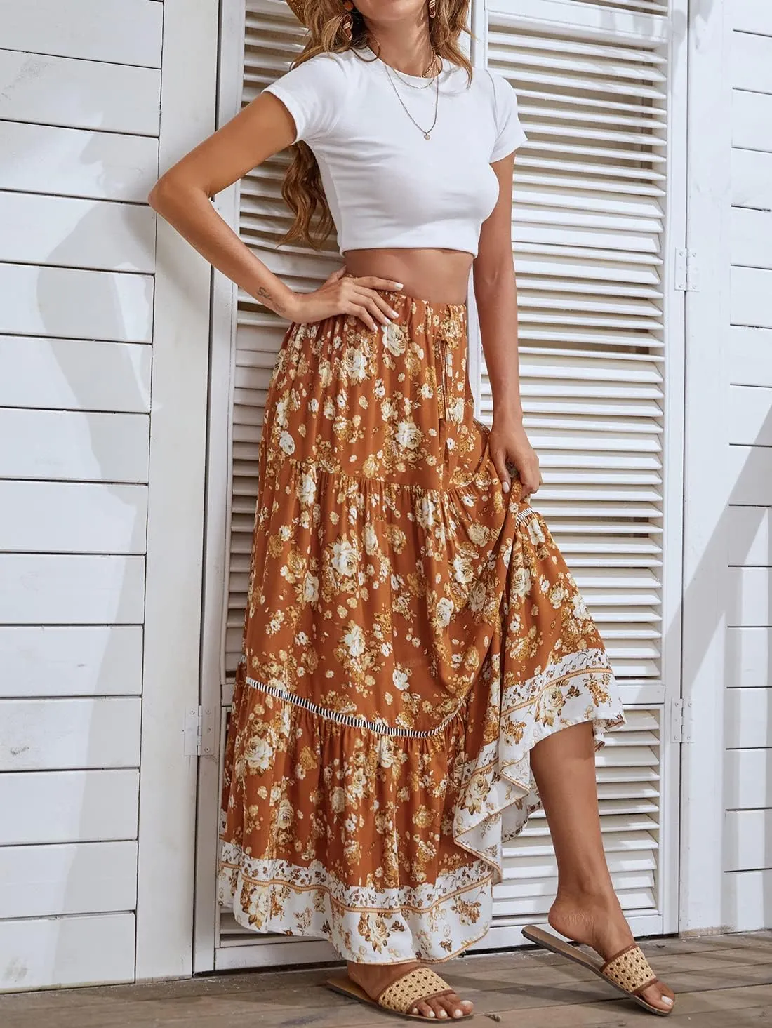 chouyatou Women's Summer Bohemian Hollow Out Splicing Floral Print Swing Beach Maxi Skirt