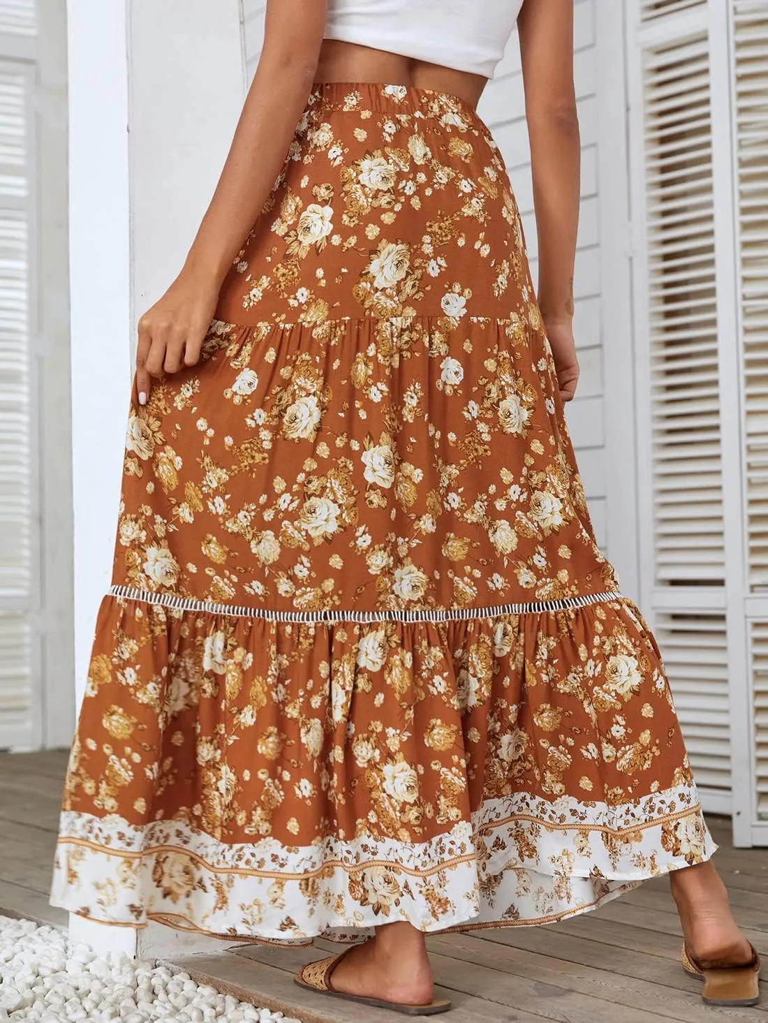 chouyatou Women's Summer Bohemian Hollow Out Splicing Floral Print Swing Beach Maxi Skirt