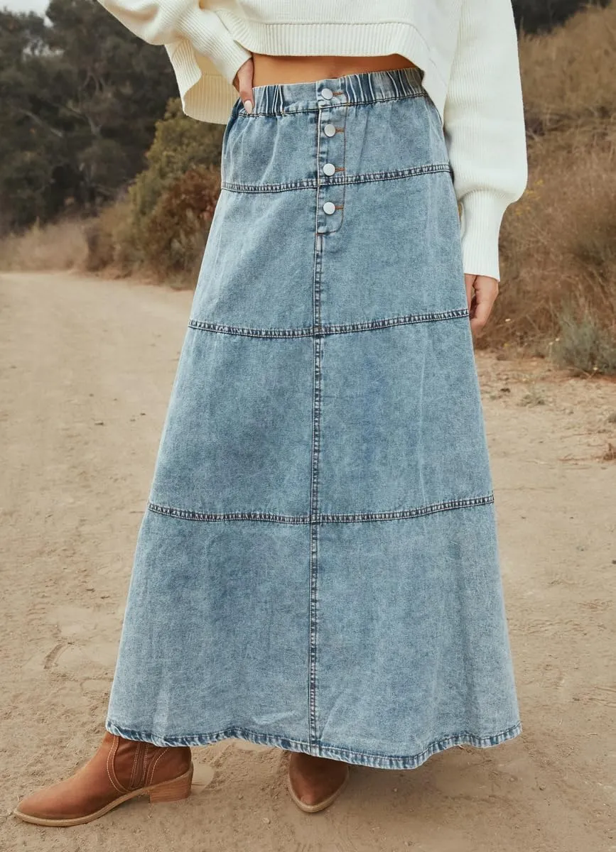 chouyatou Women's Vintage A-Line Maxi Denim Skirt Elastic High Waist Cowgirl Long Jean Tiered Skirt