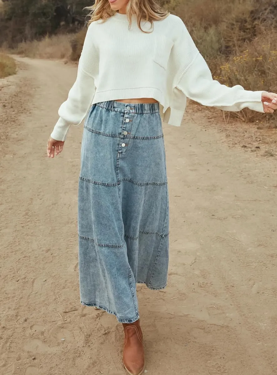 chouyatou Women's Vintage A-Line Maxi Denim Skirt Elastic High Waist Cowgirl Long Jean Tiered Skirt