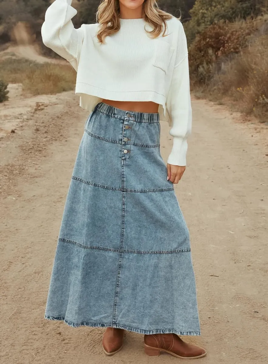 chouyatou Women's Vintage A-Line Maxi Denim Skirt Elastic High Waist Cowgirl Long Jean Tiered Skirt