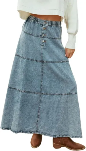 chouyatou Women's Vintage A-Line Maxi Denim Skirt Elastic High Waist Cowgirl Long Jean Tiered Skirt