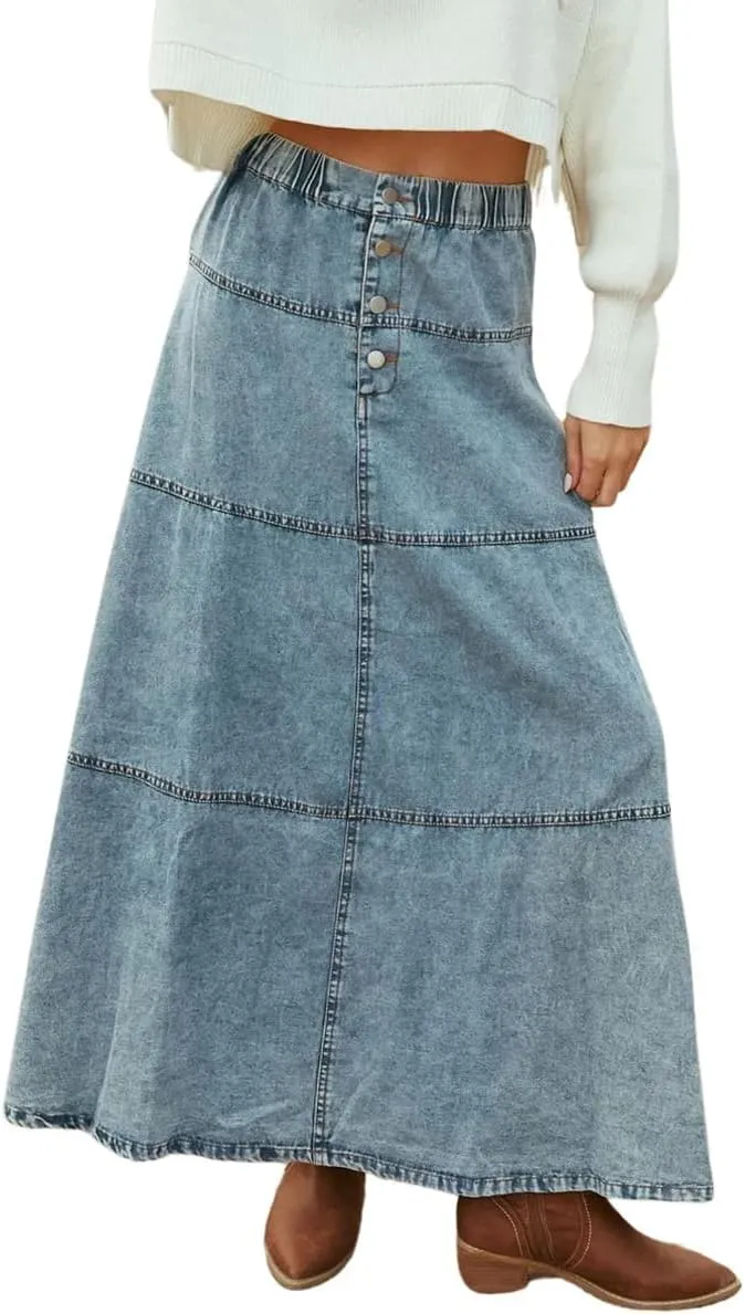 chouyatou Women's Vintage A-Line Maxi Denim Skirt Elastic High Waist Cowgirl Long Jean Tiered Skirt