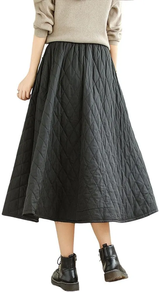 chouyatou Women's Winter Quilted Long Skirt Elastic Waist A-Line Insulated Swing Midi Skirt with Pockets