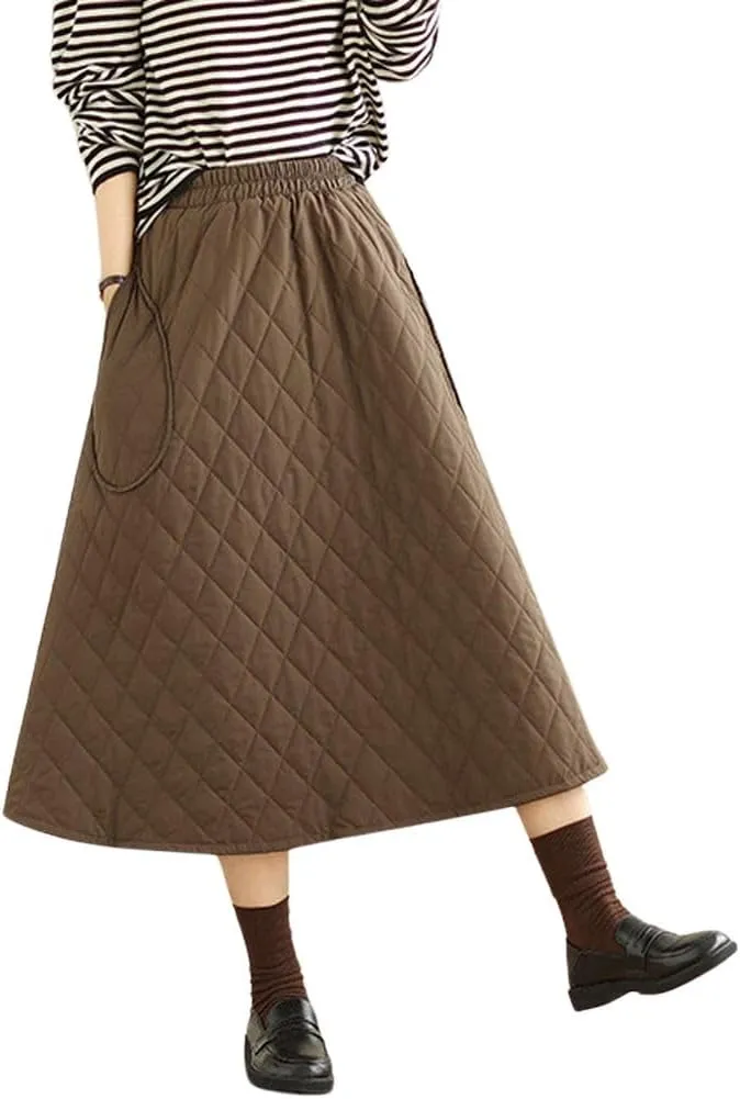 chouyatou Women's Winter Quilted Long Skirt Elastic Waist A-Line Insulated Swing Midi Skirt with Pockets