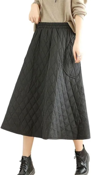 chouyatou Women's Winter Quilted Long Skirt Elastic Waist A-Line Insulated Swing Midi Skirt with Pockets