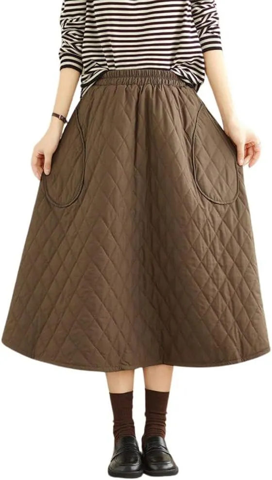 chouyatou Women's Winter Quilted Long Skirt Elastic Waist A-Line Insulated Swing Midi Skirt with Pockets