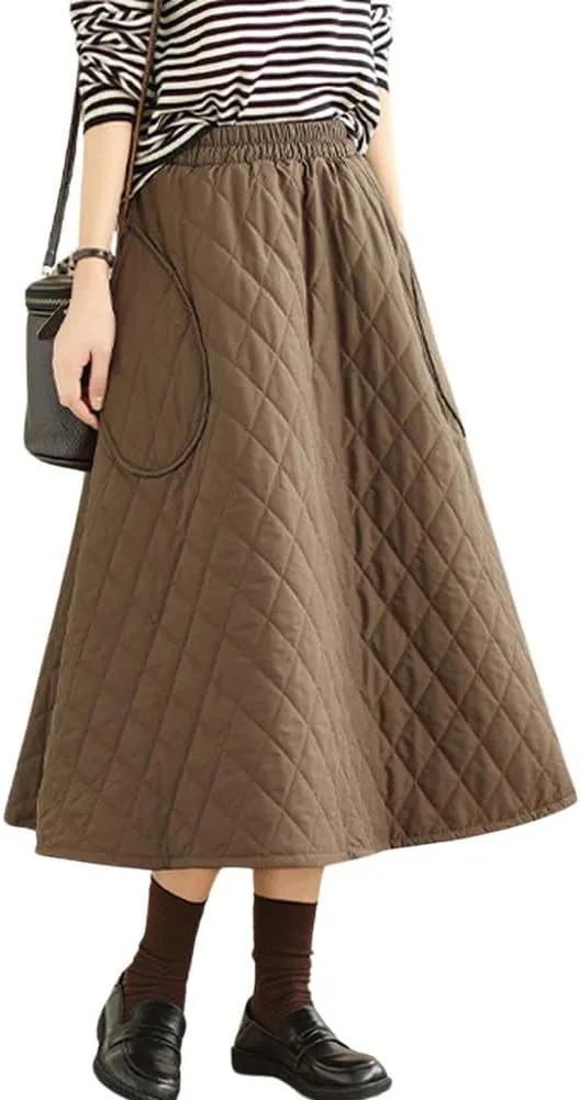 chouyatou Women's Winter Quilted Long Skirt Elastic Waist A-Line Insulated Swing Midi Skirt with Pockets