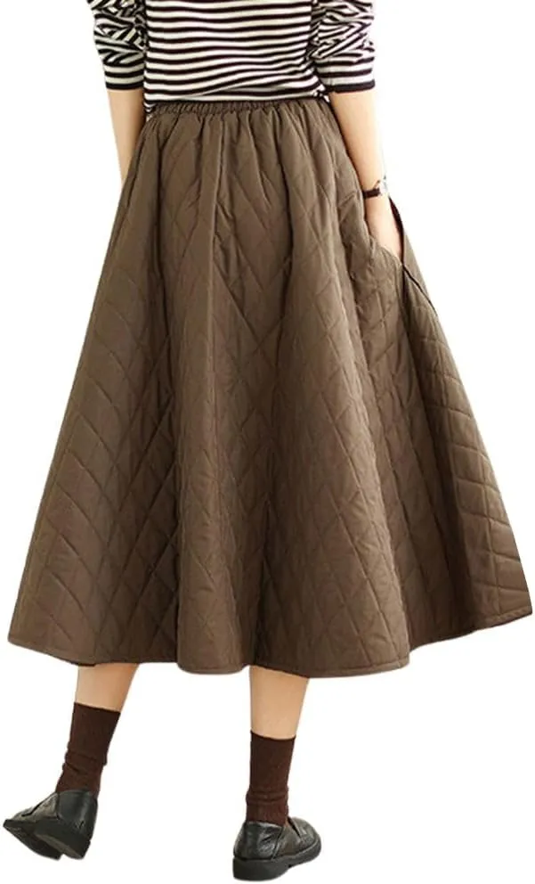 chouyatou Women's Winter Quilted Long Skirt Elastic Waist A-Line Insulated Swing Midi Skirt with Pockets