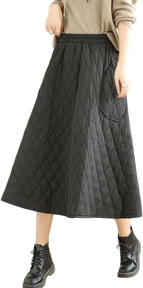 chouyatou Women's Winter Quilted Long Skirt Elastic Waist A-Line Insulated Swing Midi Skirt with Pockets