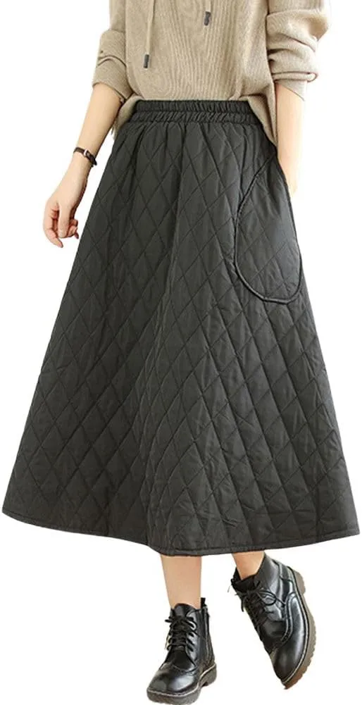 chouyatou Women's Winter Quilted Long Skirt Elastic Waist A-Line Insulated Swing Midi Skirt with Pockets