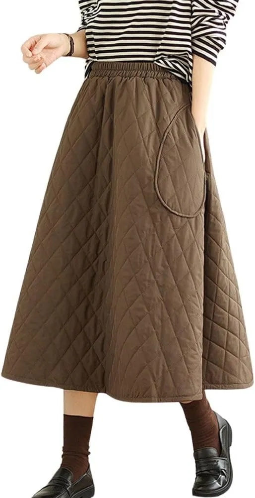 chouyatou Women's Winter Quilted Long Skirt Elastic Waist A-Line Insulated Swing Midi Skirt with Pockets