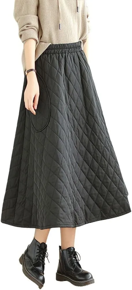 chouyatou Women's Winter Quilted Long Skirt Elastic Waist A-Line Insulated Swing Midi Skirt with Pockets