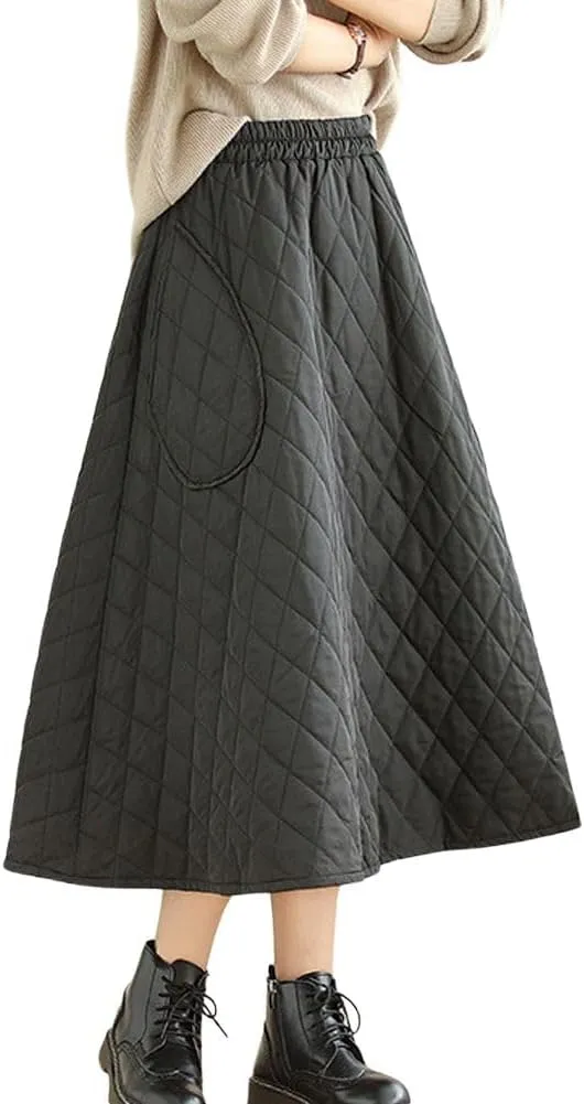 chouyatou Women's Winter Quilted Long Skirt Elastic Waist A-Line Insulated Swing Midi Skirt with Pockets