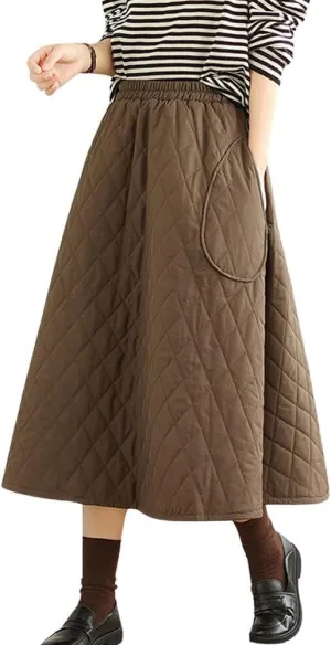 chouyatou Women's Winter Quilted Long Skirt Elastic Waist A-Line Insulated Swing Midi Skirt with Pockets
