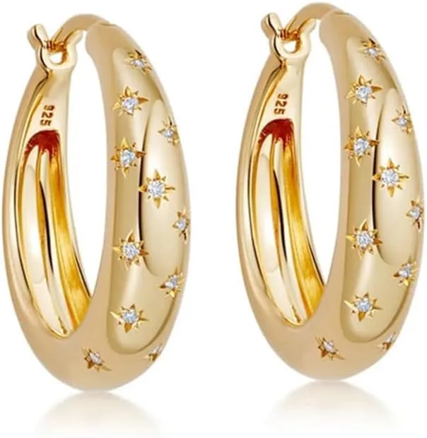 Chunky CZ Star S925 Sterling Silver Hoop Earrings for Women Gold Plated Dainty Crystal Cubic Zirconia Starburst Oval Huggie Sleeper Hoops Hypoallergenic Trendy Jewelry