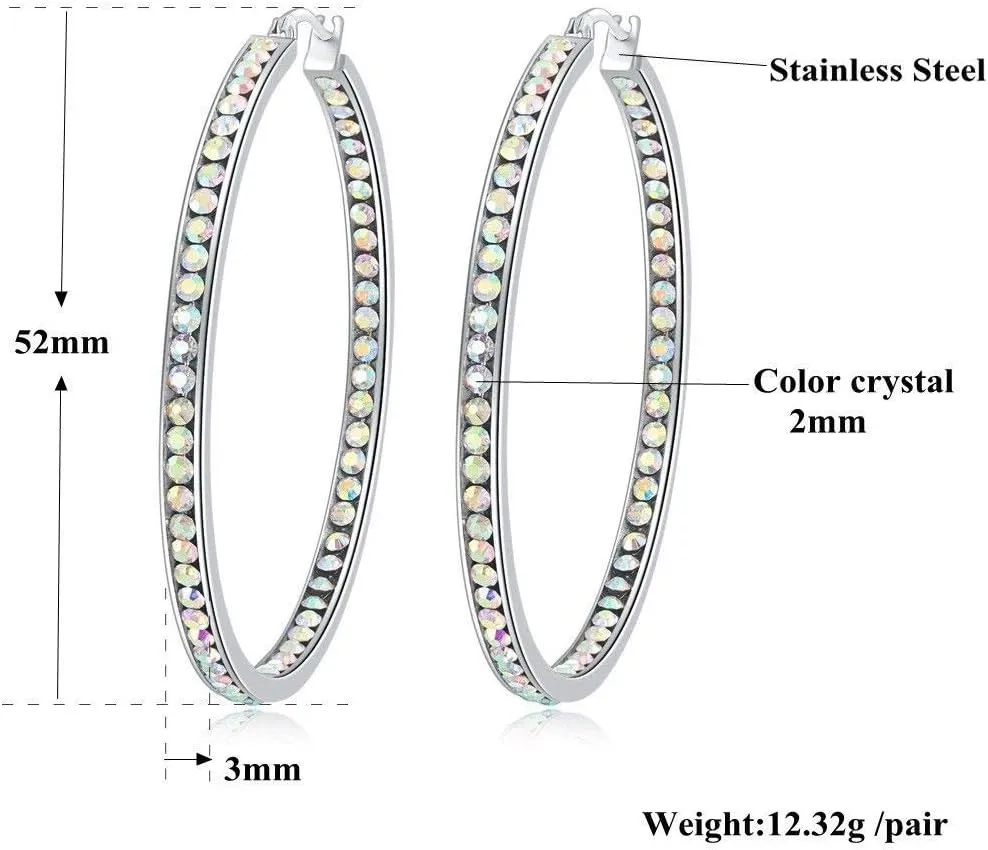 CiNily Mult-colors Crystal Stainless Steel Hoop Earring for Women Hypoallergenic Jewelry for Sensitive Ears Large Big Hoop Earrings 2"