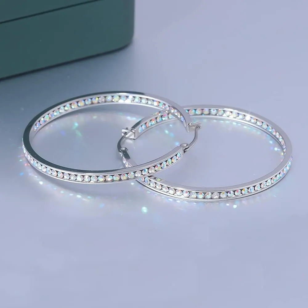 CiNily Mult-colors Crystal Stainless Steel Hoop Earring for Women Hypoallergenic Jewelry for Sensitive Ears Large Big Hoop Earrings 2"