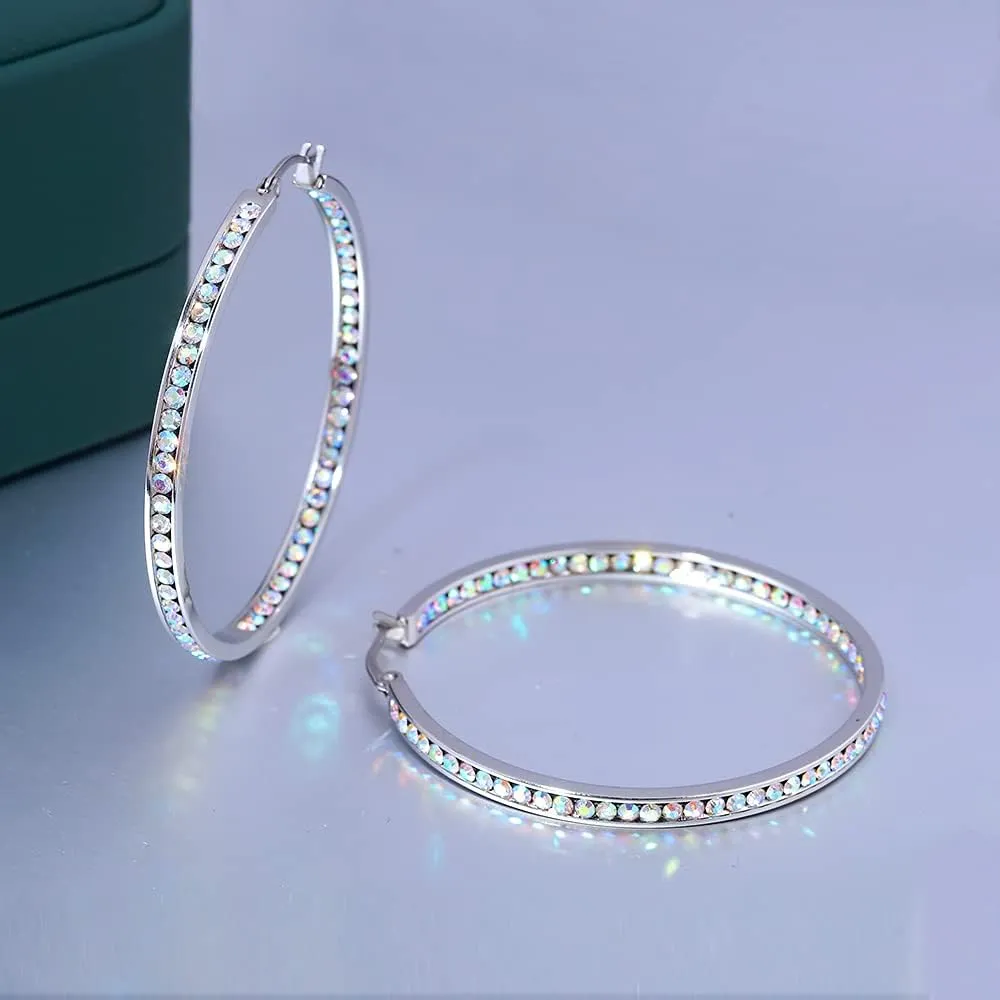 CiNily Mult-colors Crystal Stainless Steel Hoop Earring for Women Hypoallergenic Jewelry for Sensitive Ears Large Big Hoop Earrings 2"