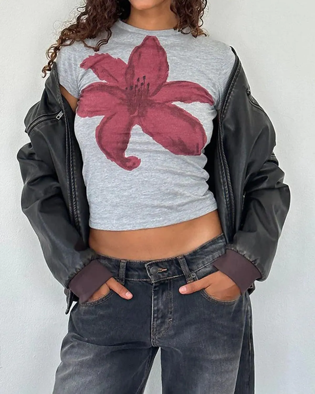 Cioatin Women Y2K Short Sleeve Flower Graphic Baby Tee Shirt Vintage Aesthetic Floral Print Summer Crop Tshirt Tops