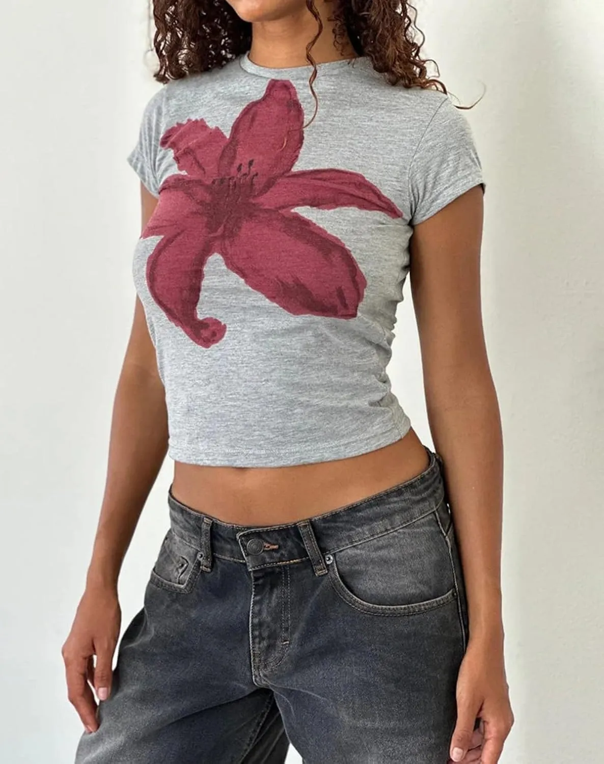 Cioatin Women Y2K Short Sleeve Flower Graphic Baby Tee Shirt Vintage Aesthetic Floral Print Summer Crop Tshirt Tops