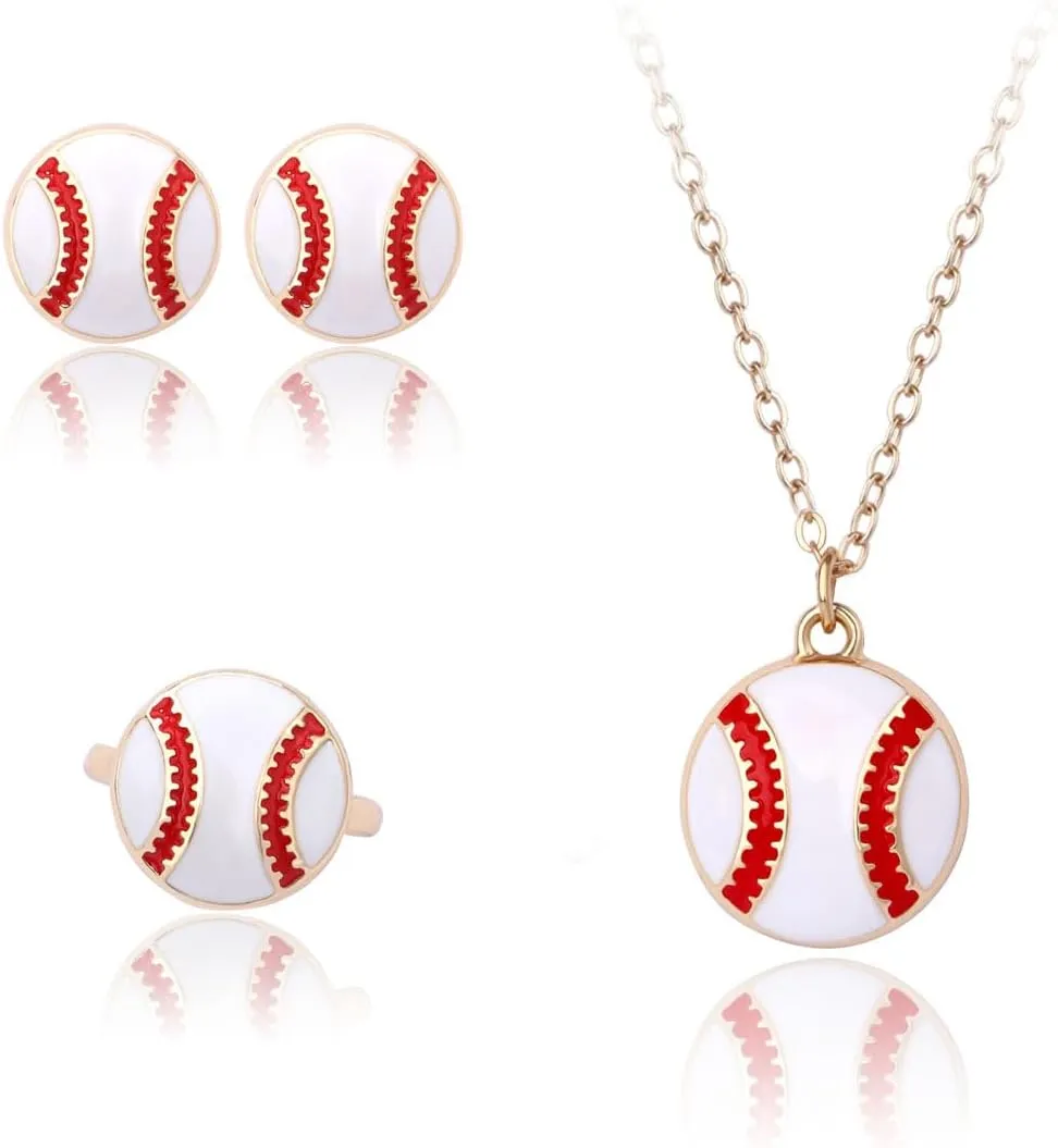 Classic Baseball Jewelry Set Football Pendant Necklace Soccer Sports Ring Earrings Stud Posts Ideal Present for Women Men
