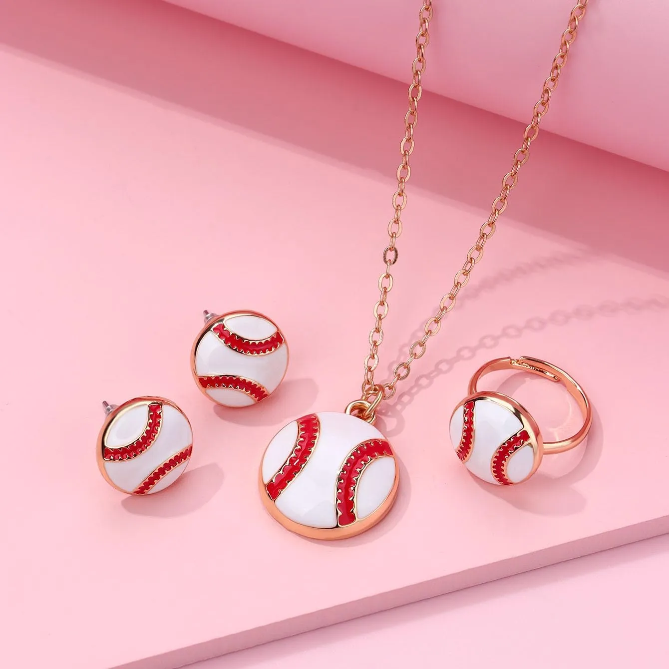 Classic Baseball Jewelry Set Football Pendant Necklace Soccer Sports Ring Earrings Stud Posts Ideal Present for Women Men