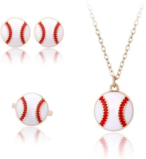 Classic Baseball Jewelry Set Football Pendant Necklace Soccer Sports Ring Earrings Stud Posts Ideal Present for Women Men