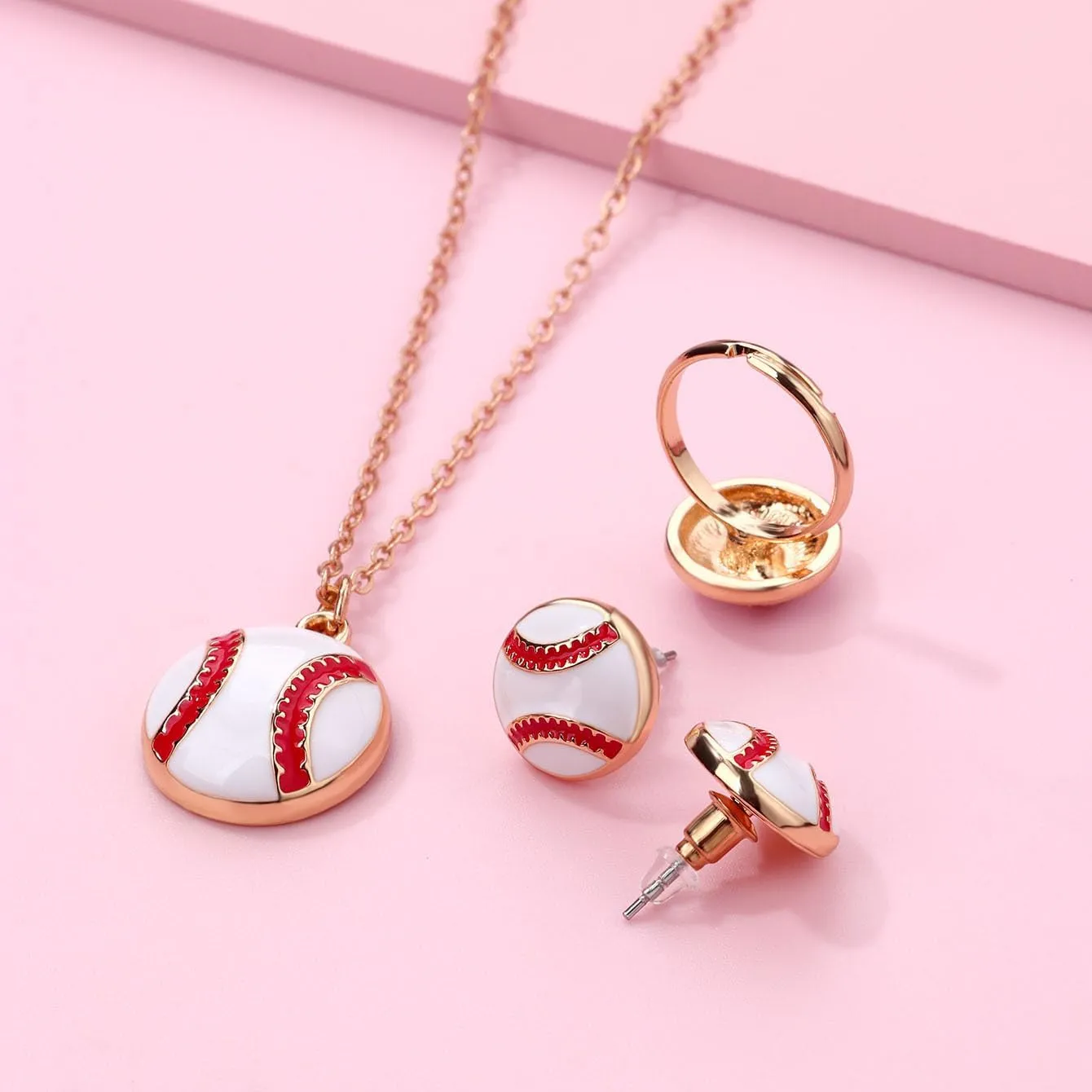 Classic Baseball Jewelry Set Football Pendant Necklace Soccer Sports Ring Earrings Stud Posts Ideal Present for Women Men
